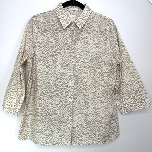Chico's Leopard Print Shirt Size 1 Large No Iron 3/4‎ Sleeve Button Up Top - Picture 1 of 11
